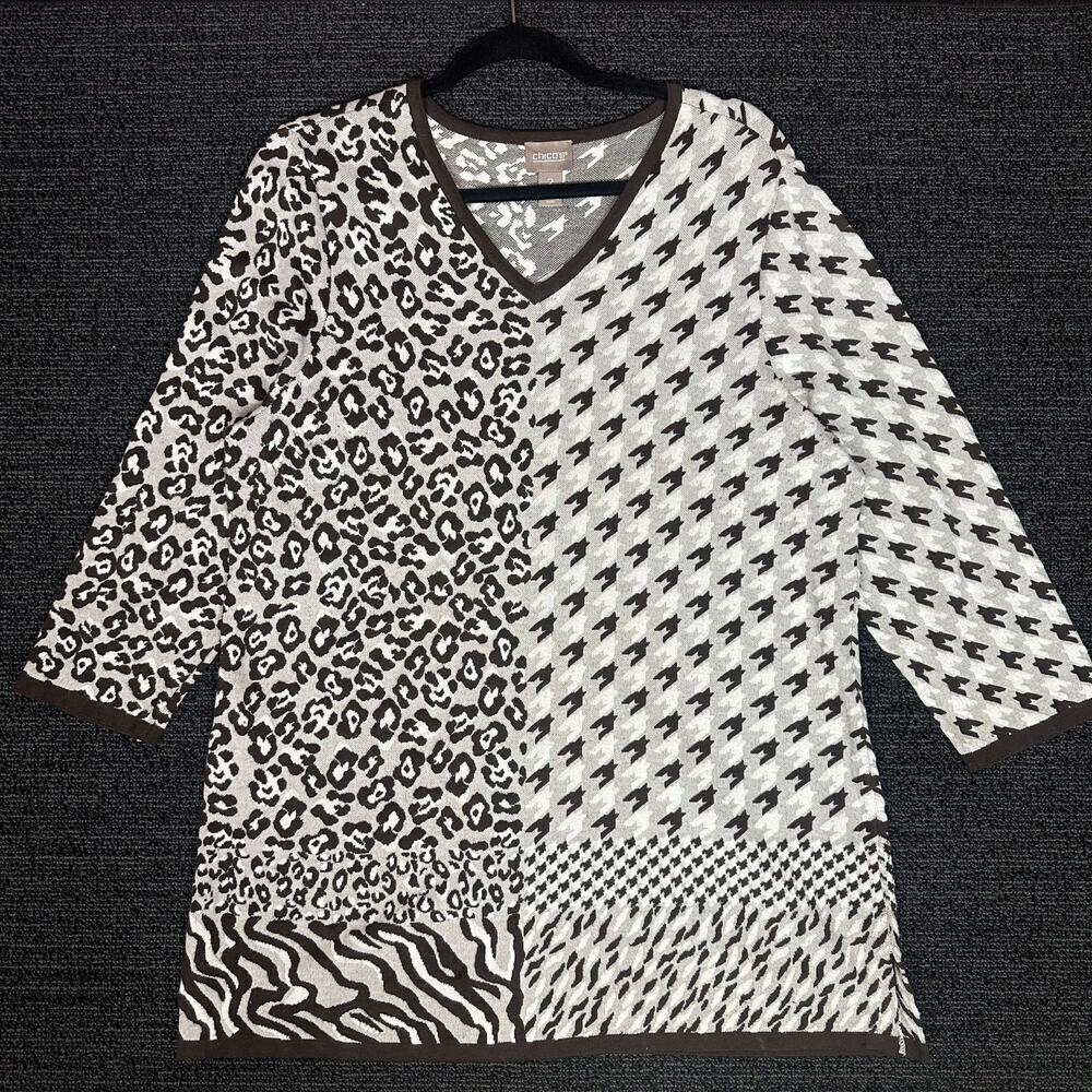 Chicos Mixed Print Sweater Top Leopard &. Houndstooth 3/4 Sleeve V-Neck Sz 2 L